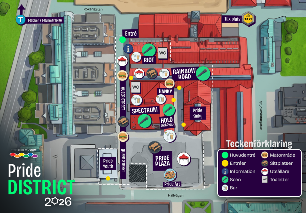 Karta över Pride District. Överst till vänster en pil mot T-bana Gullmarsplan. Överst till höger taxiplats. Överst i mitten entré. Entrén går till Queer Street nedåt. Åt höger därifrån är Rainbow Road.